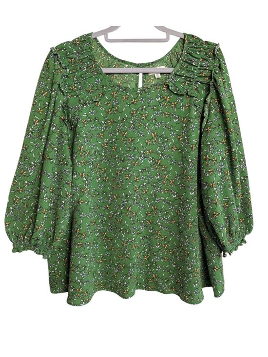 Max Studio Tops - Max Studio Green Floral Ditsy Print Ruffle Yoke Balloon Sleeve Blouse